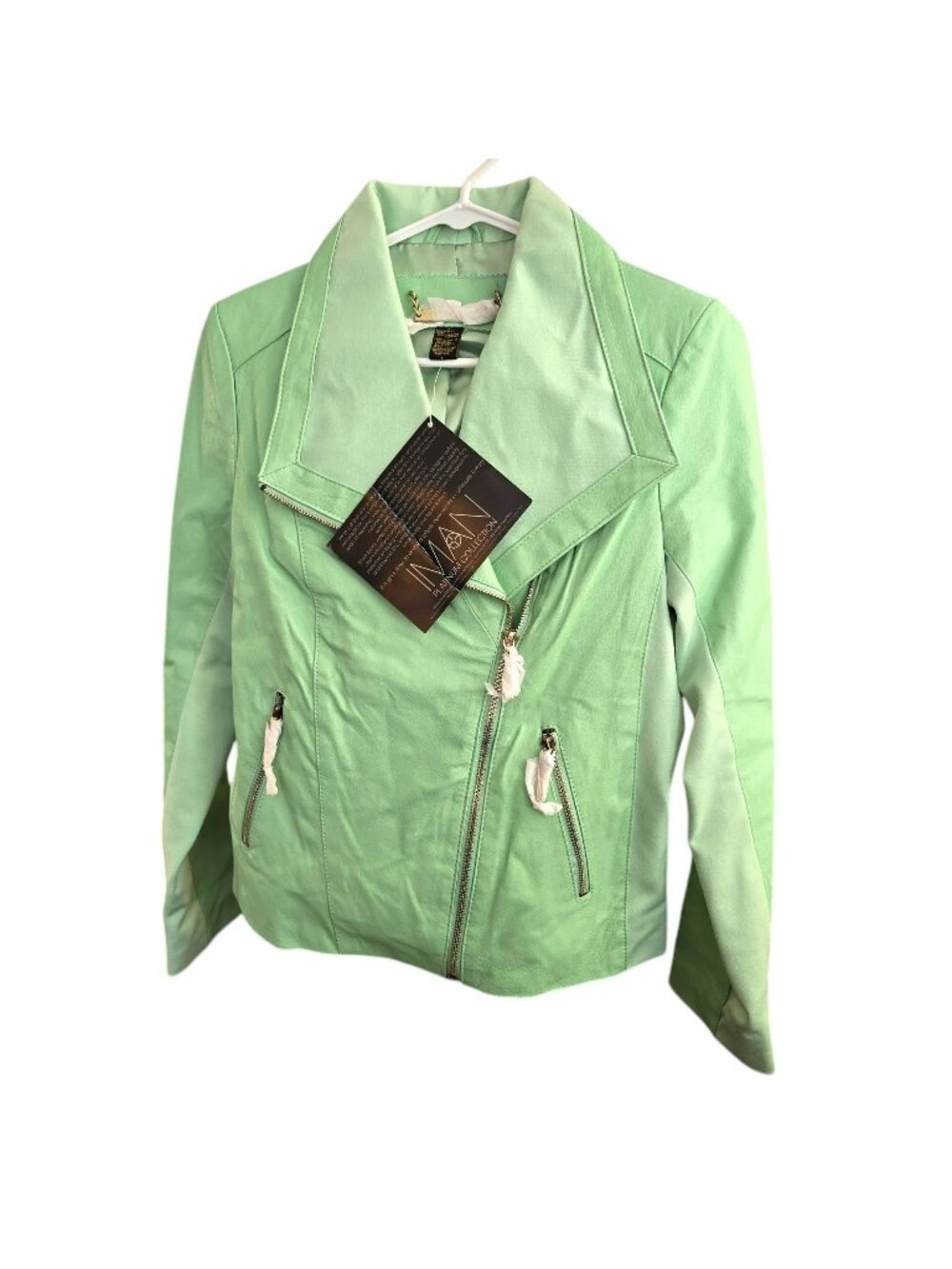 1980s Mint Green Leather Moto Jacket Womans Size S Iman Diagonal Zip NWT je238